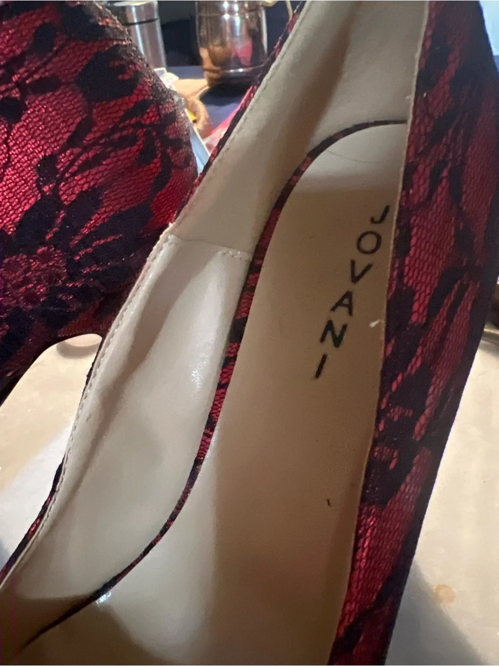JVN by Jovani Red and Black Floral Lace Platform Pumps